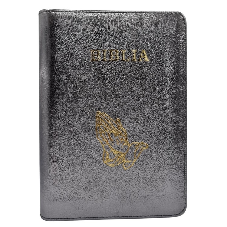Biblia mica, coperta piele, culoare, argintiu sidefat, index, fermoar, margini aurii,  simbolul maini, cuv. lui Isus in rosu [047 PFI]
