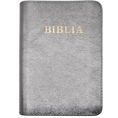 Biblie din piele, marime medie, culoare, argintiu sidefat, fermoar, margini albe,  cuv. lui Isus cu rosu [053]