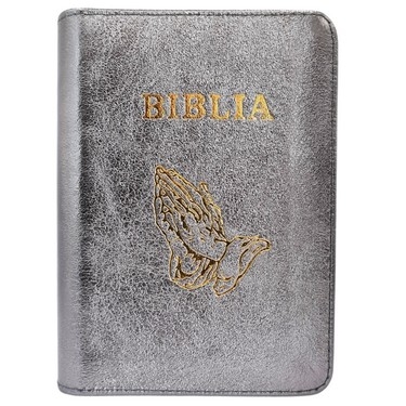 Biblia mica, coperta piele, culoare, argintiu sidefat, index, fermoar, margini aurii,  simbolul maini, cuv. lui Isus in rosu [047 PFI]