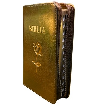 Biblia mica, coperta piele, auriu, index, fermoar, margini aurii, simbol floral, cuv. lui Isus in rosu [047 PFI]