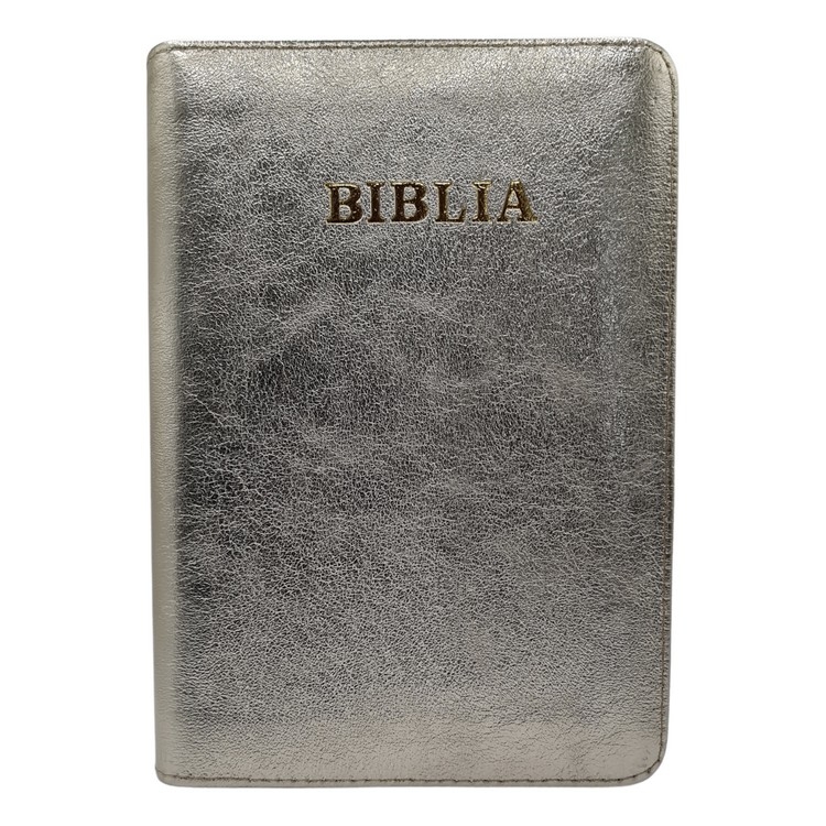 Biblie din piele, marime medie, culoare argintiu, fermoar, index, margini aurii, cuv. lui Isus cu rosu [SB 057 PFI]