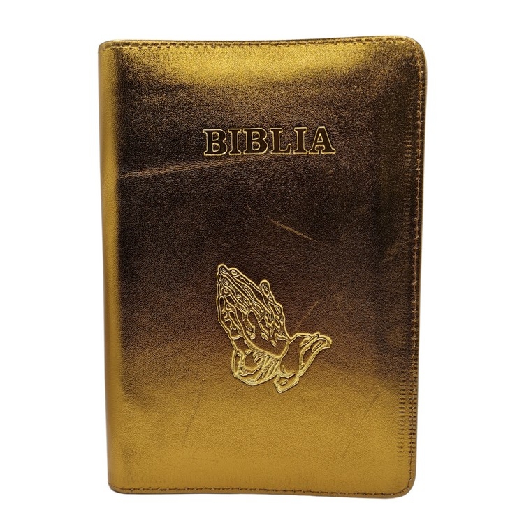 Biblie din piele, marime medie, culoare, auriu, fermoar, margini albe, simbol maini in rugaciune, cuv. lui Isus cu rosu [053]