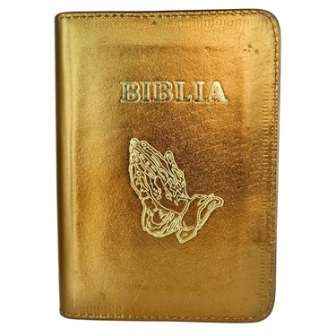 [ANTICARIAT] - Biblia mica, coperta piele, culoare, auriu, index, fermoar, margini aurii,  simbolul maini, cuv. lui Isus in rosu [047 PFI](Produs cu defect)
