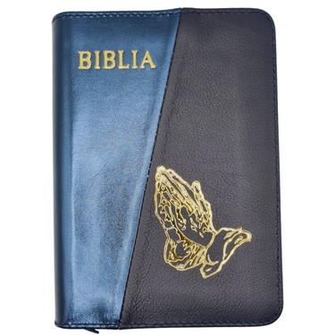 Biblia mica, coperta piele, culoare, albastru sidefat cu bleumarin, index, fermoar, margini aurii,  simbolul maini, cuv. lui Isus in rosu [047 PFI]