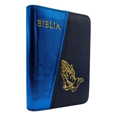 Biblia mica, coperta piele, culoare, albastru sidefat cu bleumarin, index, fermoar, margini aurii,  simbolul maini, cuv. lui Isus in rosu [047 PFI]