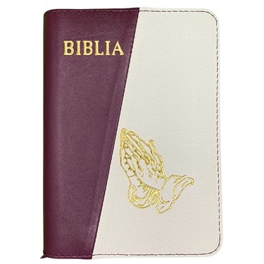 Biblia mica, coperta piele, culoare, bordo cu alb, index, fermoar, margini aurii,  simbolul maini, cuv. lui Isus in rosu [047 PFI]