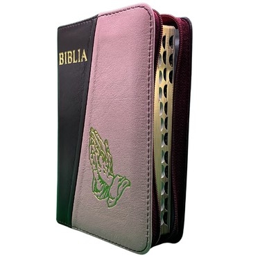 Biblia mica, coperta piele, culoare, bordo cu roz, index, fermoar, margini aurii,  simbolul maini, cuv. lui Isus in rosu [047 PFI]