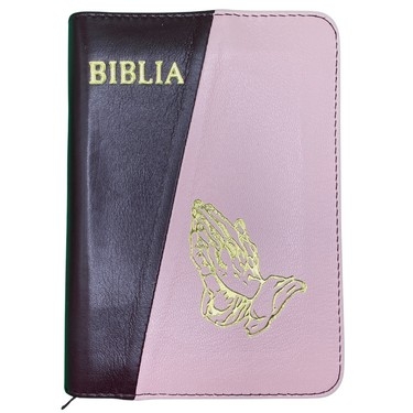 Biblia mica, coperta piele, culoare, bordo cu roz, index, fermoar, margini aurii,  simbolul maini, cuv. lui Isus in rosu [047 PFI]