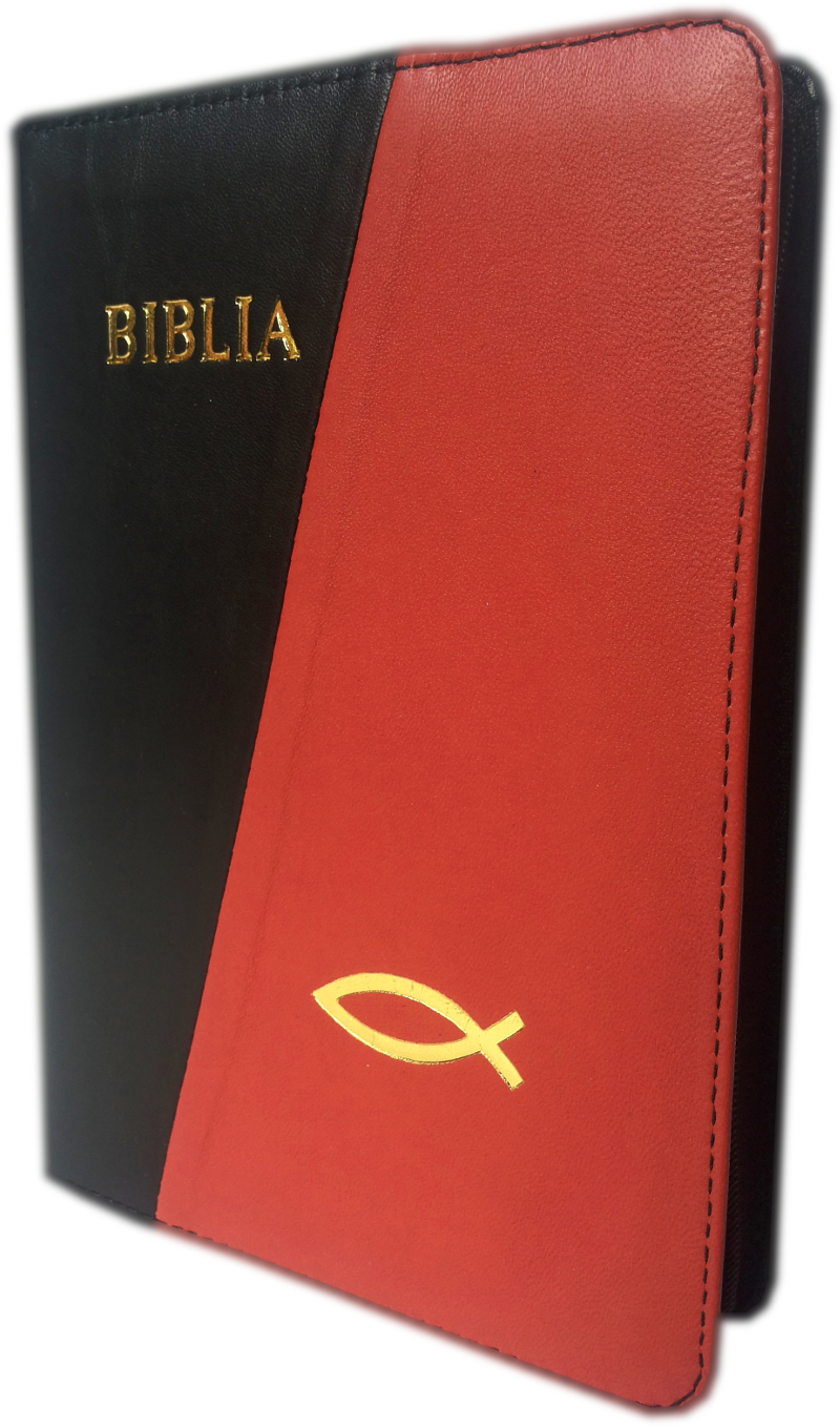 Biblia din piele, negru / rosu caramiziu, dimensiune mica, fermoar, cu peste, cuv. lui Isus cu rosu  [043]