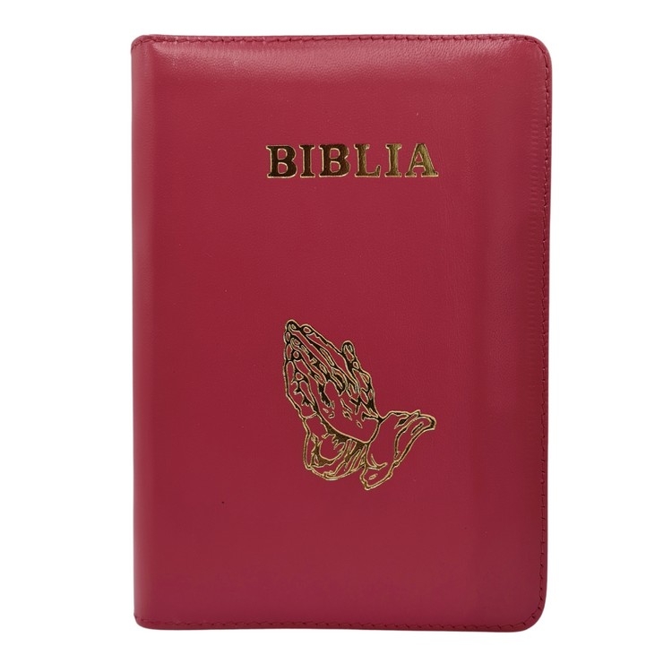 Biblie din piele, marime medie, roz, simbol maini in rugaciune, fermoar, index, margini aurii, cuv. lui Isus cu rosu [SB 057 PFI]