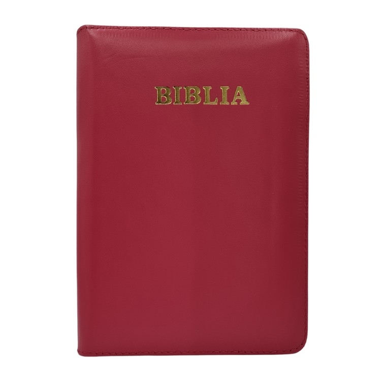 Biblie din piele, marime medie, culoare, roz, fermoar, index, margini aurii, cuv. lui Isus cu rosu [SB 057 PFI]