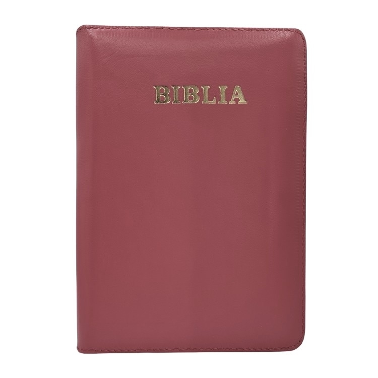 Biblia mica, piele, roz pudrat, index, fermoar, margini aurii, cuv. lui Isus in rosu [047 PFI]
