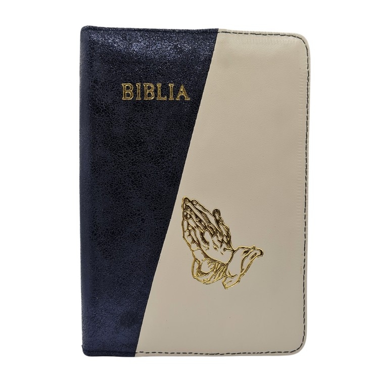 Biblie din piele, marime medie, culoare, bleumarin închis sidefat cu crem, fermoar, margini albe, simbol maini in rugaciune, cuv. lui Isus cu rosu [053]