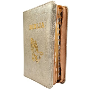Biblia mica, coperta piele, culoare, auriu deschis sidefat, index, fermoar, margini aurii,  simbolul maini, cuv. lui Isus in rosu [047 PFI]
