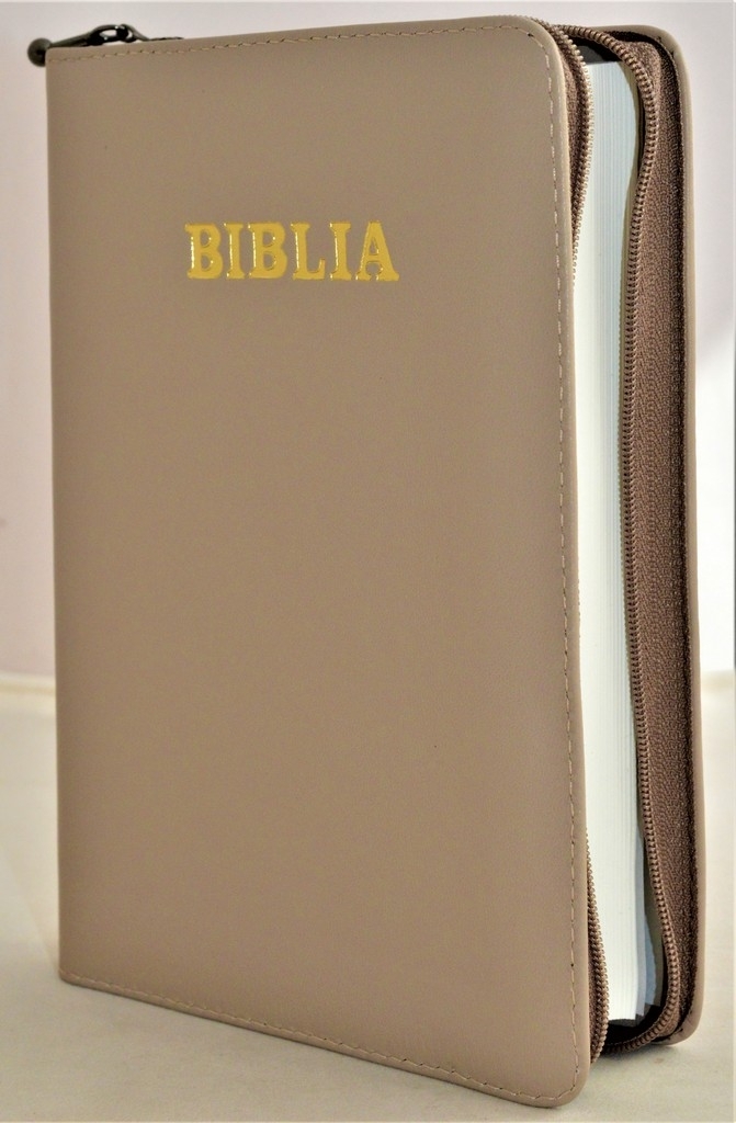 Biblie mare, piele, culoare crem, fermoar, index, margini argintii, cuv. Isus cu rosu [SI 073 PFI]