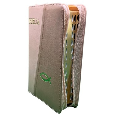 Biblia mica, coperta piele, culoare, roz cu bej, index, fermoar, margini aurii,  simbolul pește, cuv. lui Isus in rosu [047 PFI]