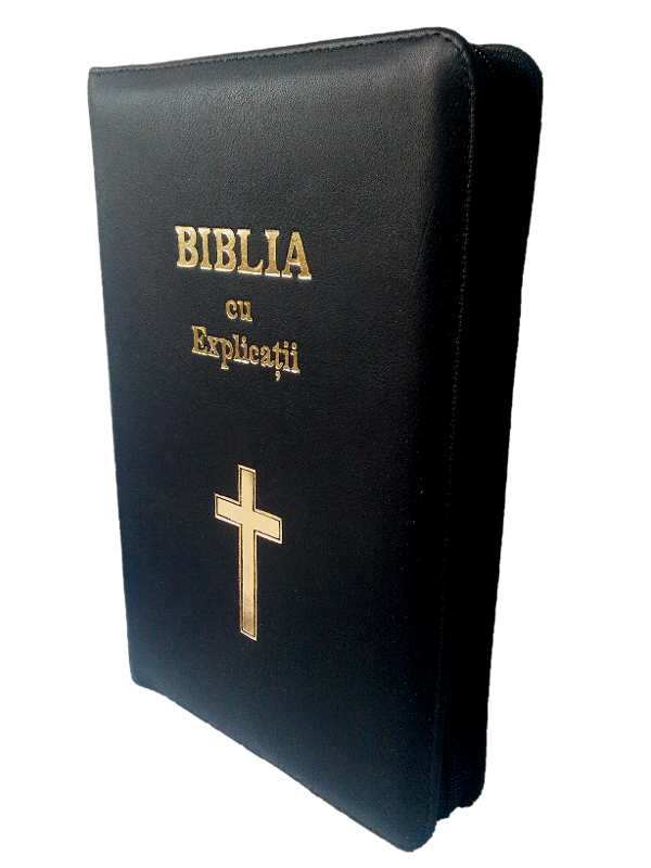 Biblia cu explicatii si concordanta biblica, din piele, neagra, cu fermoar, index, aurita, cruce, cuv. lui Isus cu rosu [CO 77 PFI]
