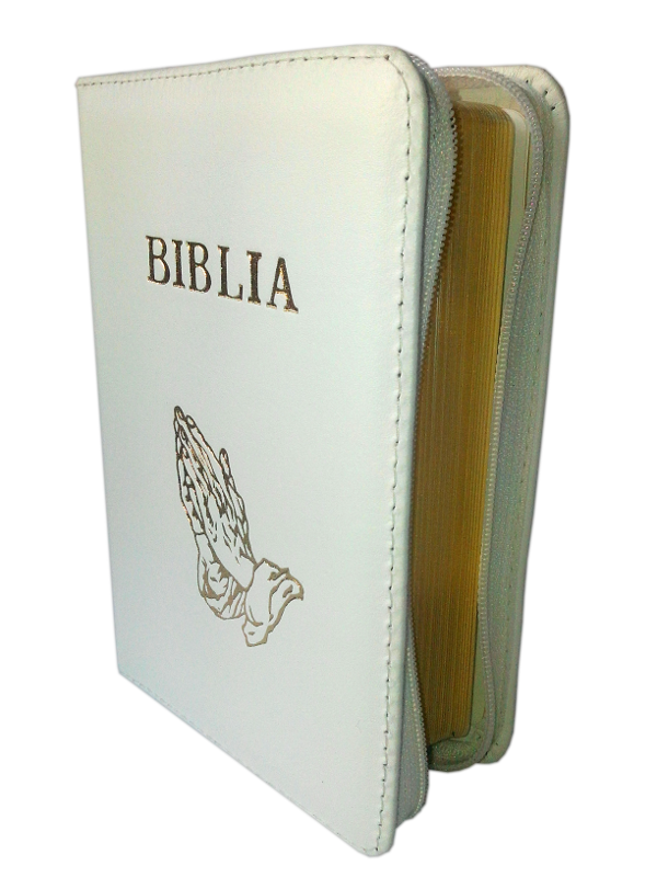 Biblie din piele, mica, alba, fermoar, aurita, cu maini, cuv. lui Isus in rosu [043 A]