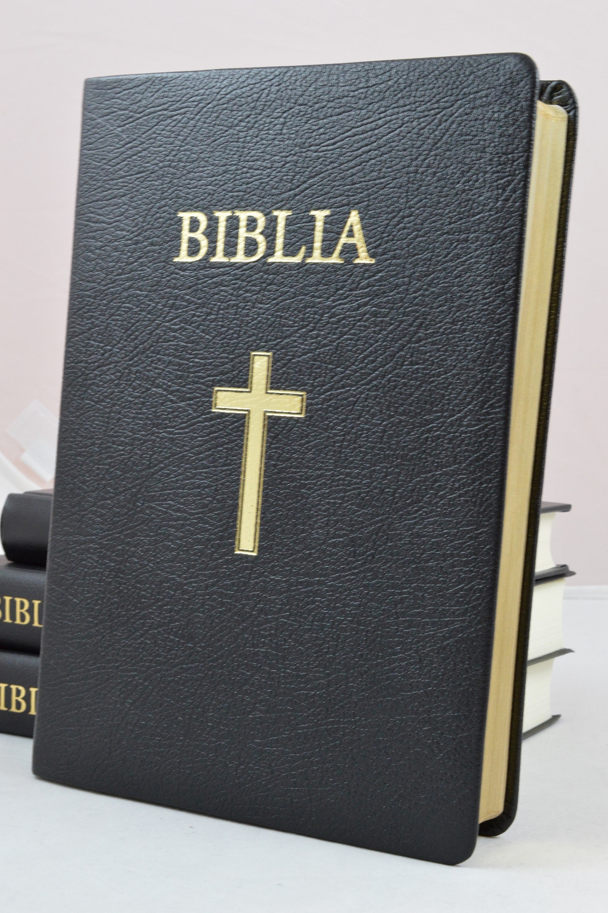 Biblie din piele neagra, marime mare, margini aurii, cu cruce [073 PA]