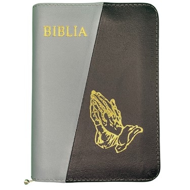 Biblia mica, coperta piele, culoare, gri deschis cu gri închis, index, fermoar, margini aurii,  simbolul maini, cuv. lui Isus in rosu [047 PFI]