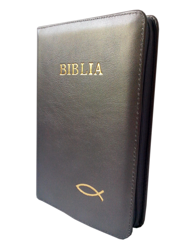 Biblia marime medie, piele, culoare gri inchis, fermoar, cu peste [053]