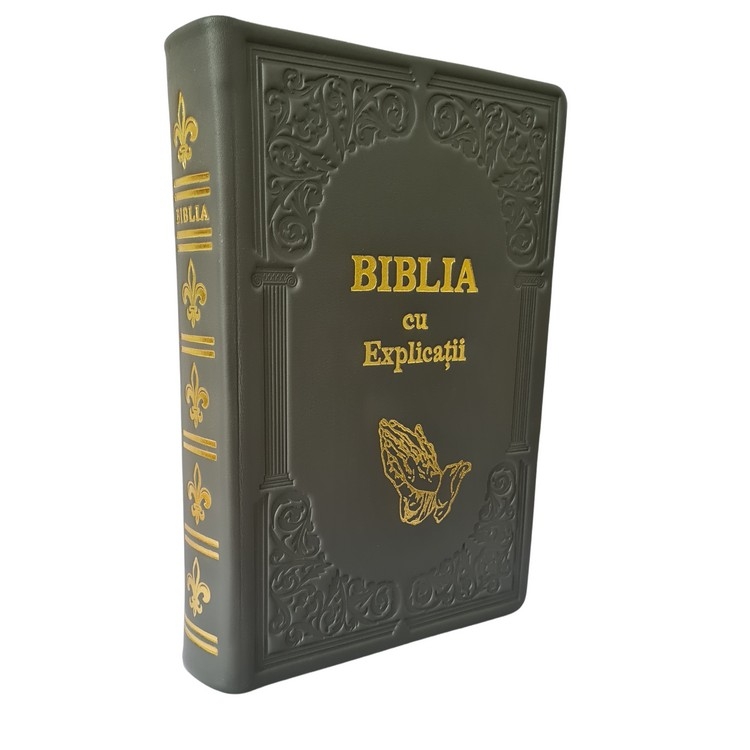 Biblia cu concordanta si explicatii, HANDMADE, mare, piele, gri închis, index, aurita,  cuv. lui Isus cu rosu, simbol maini in rugaciune [CO 77 HMI]