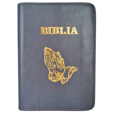 Biblia mica, coperta piele, culoare, gri închis, index, fermoar, margini aurii,  simbolul maini, cuv. lui Isus in rosu [047 PFI]