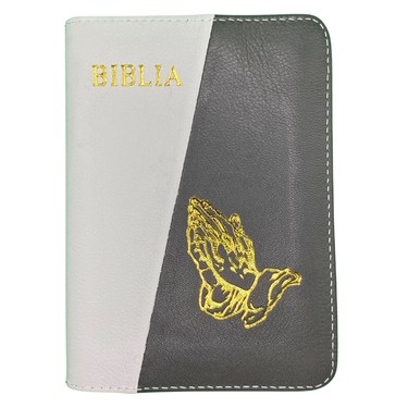 Biblia mica, coperta piele, culoare, alb cu gri închis, index, fermoar, margini aurii,  simbolul maini, cuv. lui Isus in rosu [047 PFI]