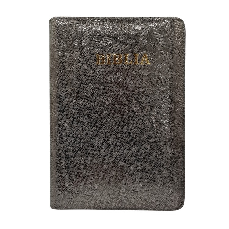 Biblie din piele, marime medie, culoare, gri texturat, fermoar, index, margini aurii, cuv. lui Isus cu rosu [SB 057 PFI]