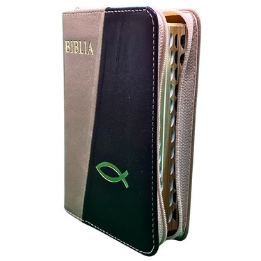 Biblia mica, coperta piele, culoare, maro cu bordo, index, fermoar, margini aurii,  simbolul pește, cuv. lui Isus in rosu [047 PFI]