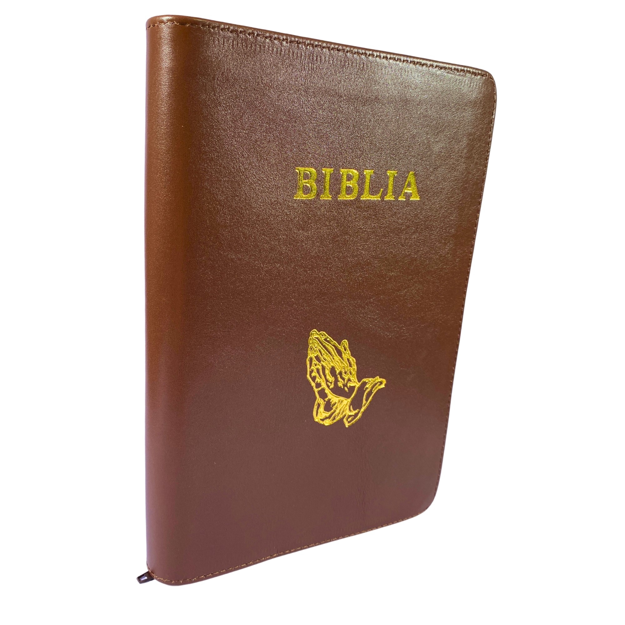 Biblie mare, piele, culoare maro, fermoar, index, margini aurii, simbol mâini în rugăciune, cuv. Isus cu rosu [SI 073 PFI]