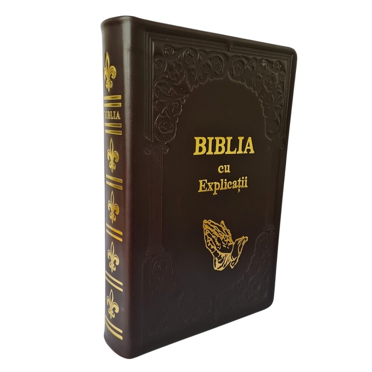 Biblia cu concordanta si explicatii, HANDMADE, mare, piele, bordo închis, index, aurita,  cuv. lui Isus cu rosu, simbol maini in rugaciune [CO 77 HMI]