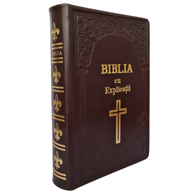 Biblia cu concordanta si explicatii, HANDMADE, mare, piele, bordo închis, index, aurita,  cuv. lui Isus cu rosu, simbol cruce [CO 77 HMI]