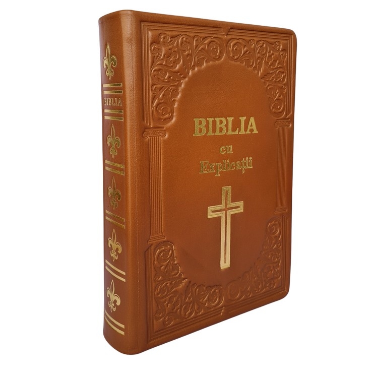 Biblia cu concordanta si explicatii, HANDMADE, mare, piele, maro, index, aurita,  cuv. lui Isus cu rosu, simbol cruce [CO 77 HMI]
