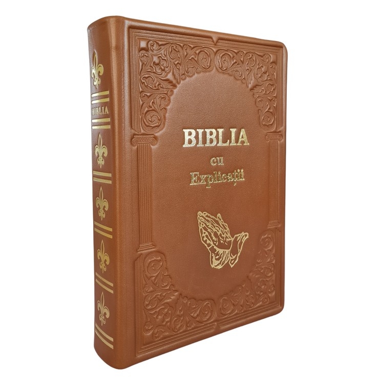 Biblia cu concordanta si explicatii, HANDMADE, mare, piele, maro, index, aurita,  cuv. lui Isus cu rosu, simbol maini in rugaciune[CO 77 HMI]