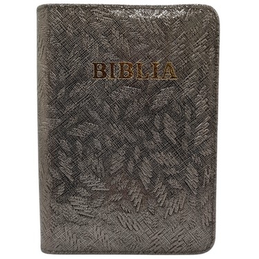 Biblia mica, coperta piele, culoare, gri texturat, index, fermoar, margini aurii, cuv. lui Isus in rosu [047 PFI]