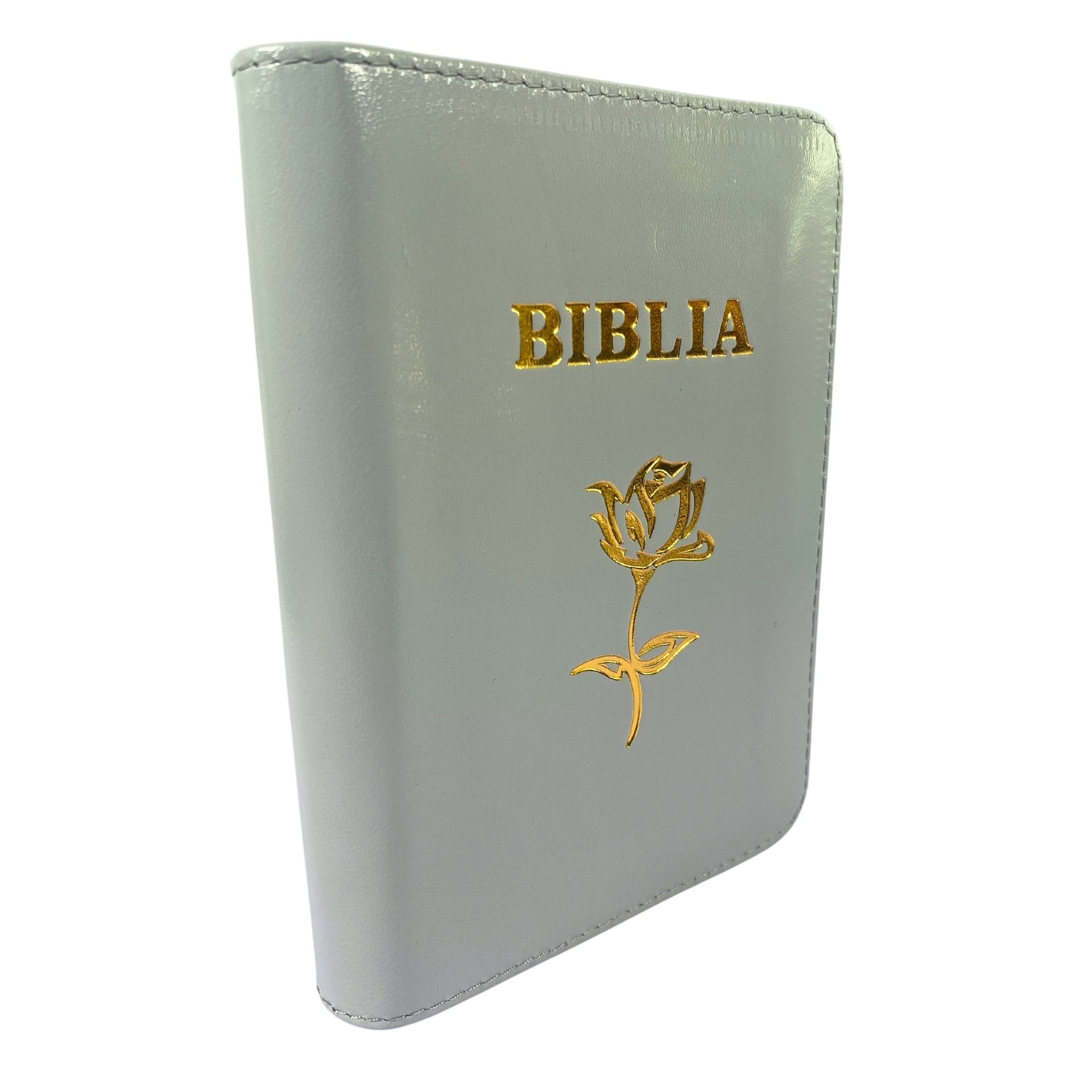 Biblia mica, coperta piele, gri, index, fermoar, margini aurii, simbol floral, cuv. lui Isus in rosu [047 PFI]