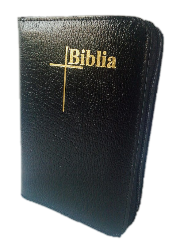 Biblia de buzunar, piele, neagra, cu fermoar, cu scris mare