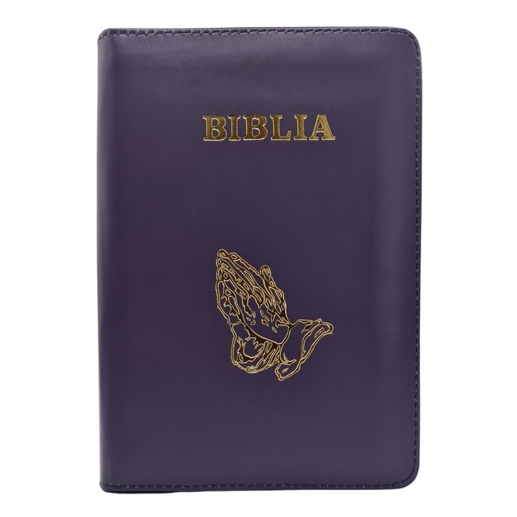 Biblie din piele, marime medie, mov, simbol maini in rugaciune, fermoar, index, margini aurii, cuv. lui Isus cu rosu [SB 057 PFI]