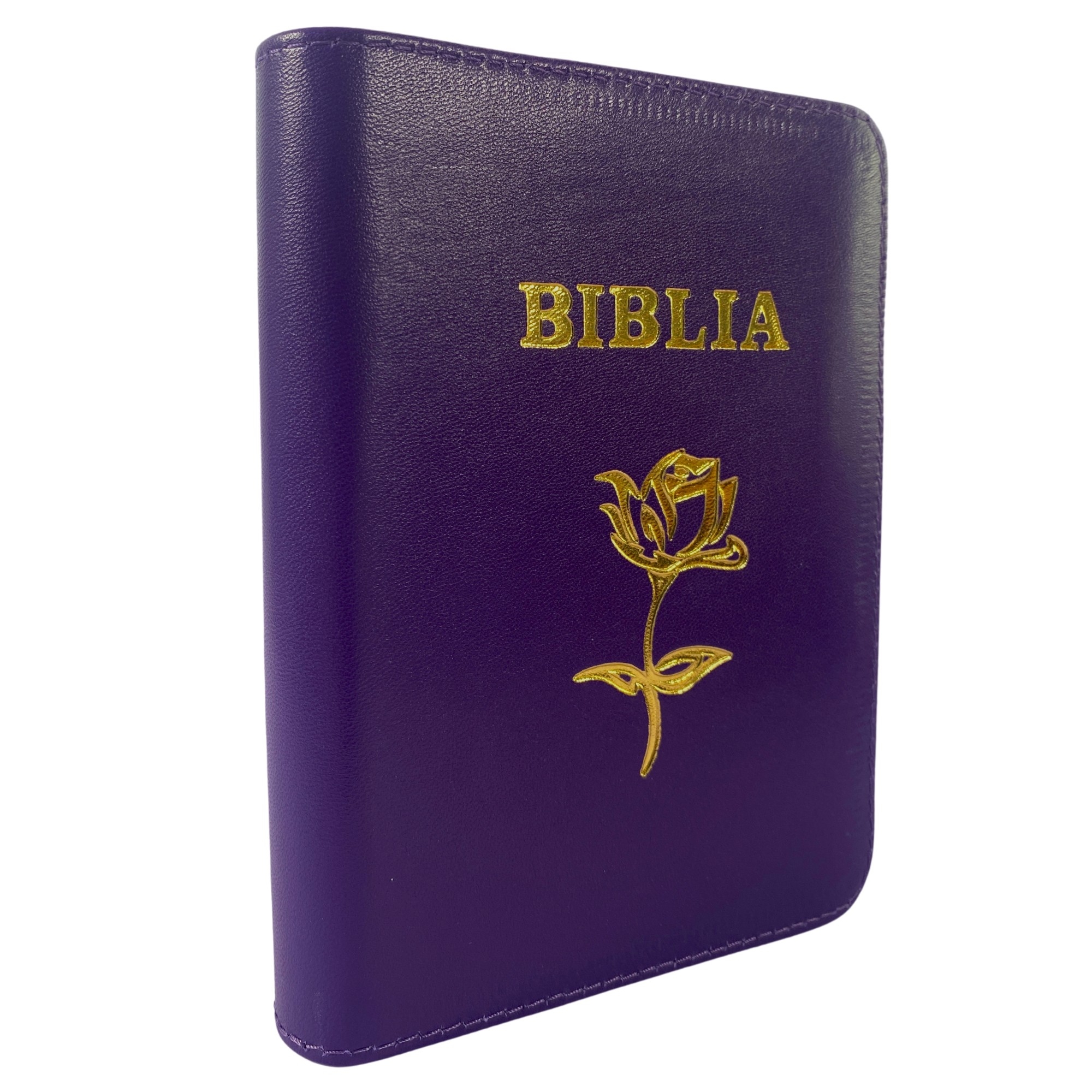 Biblia mica, coperta piele, mov închis, index, fermoar, margini aurii, simbol floral, cuv. lui Isus in rosu [047 PFI]
