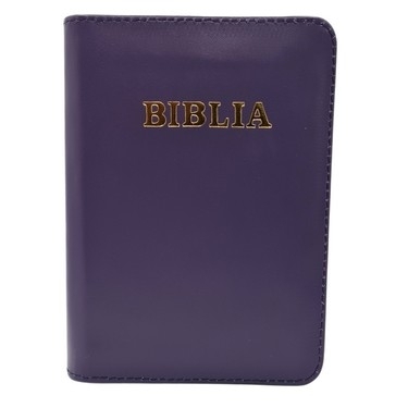 Biblie din piele, marime medie, culoare, mov, fermoar, margini albe,  cuv. lui Isus cu rosu [053]