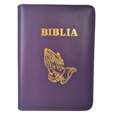 Biblia mica, coperta piele, culoare, mov, index, fermoar, margini aurii,  simbolul maini, cuv. lui Isus in rosu [047 PFI]