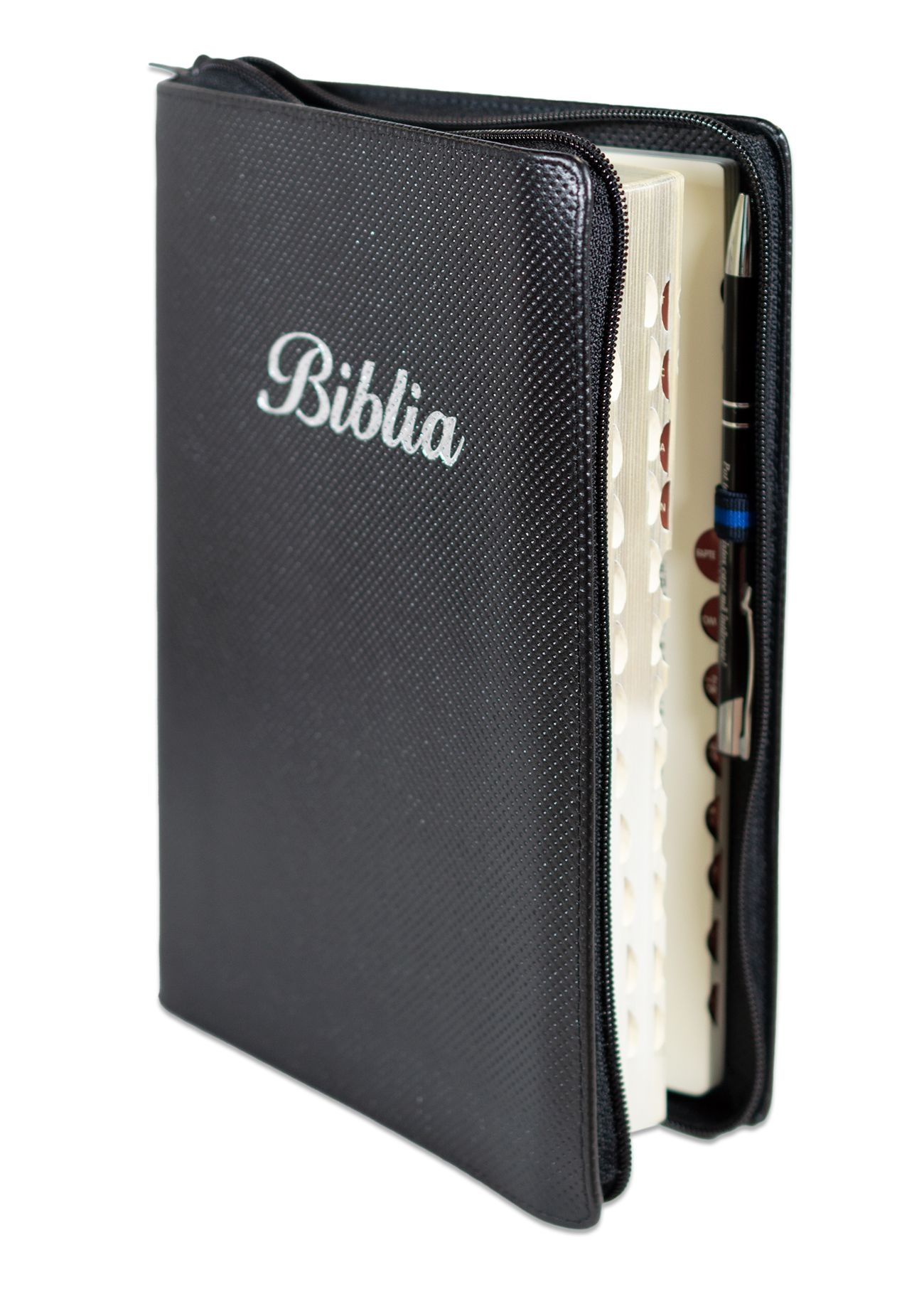 Biblie mare, piele, culoare negru texturat, fermoar, index, margini argintii, cuv. Isus cu rosu + inel pentru pix [MAR 073 PFI]