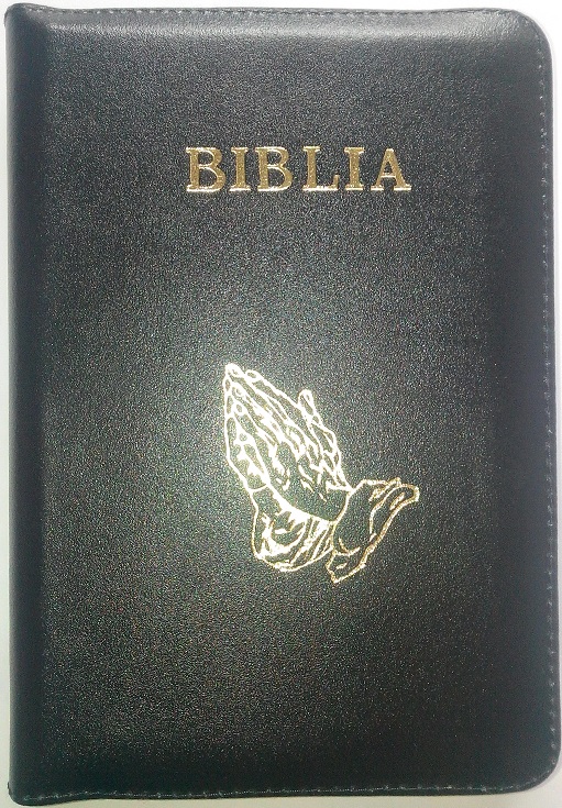 Biblia din piele, marime medie, negru lacuit, fermoar, margini aurii, cu maini, cuv. lui Isus cu rosu [052]