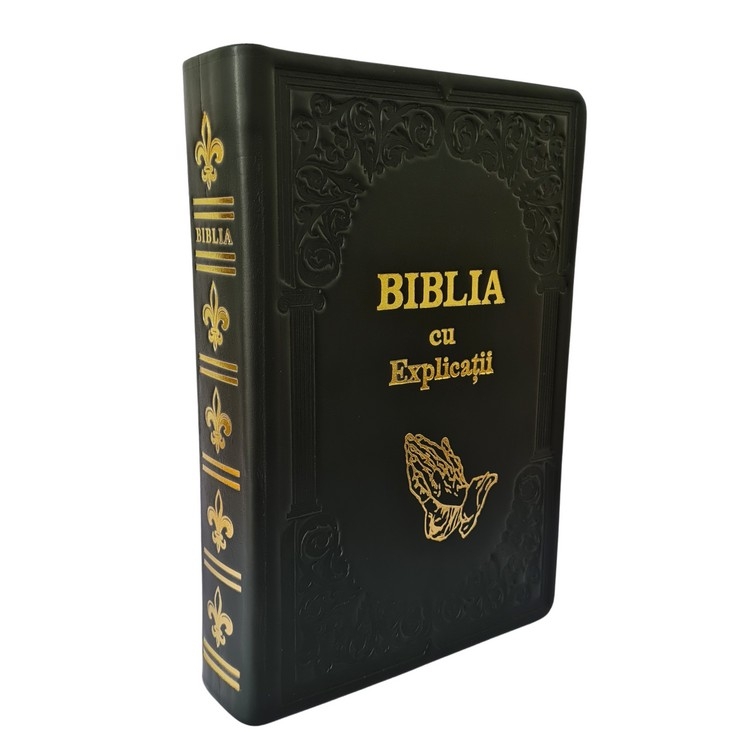 Biblia cu concordanta si explicatii, HANDMADE, mare, piele, neagra, index, aurita,  cuv. lui Isus cu rosu, simbol maini in rugaciune[CO 77 HMI]