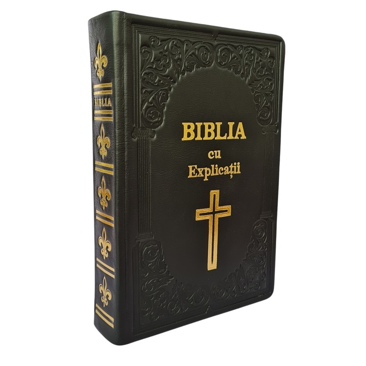 Biblia cu concordanta si explicatii, HANDMADE, mare, piele, neagra, index, aurita,  cuv. lui Isus cu rosu, simbol cruce [CO 77 HMI]