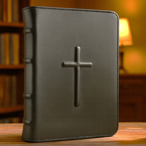 Biblie din piele handmade, marime medie, neagra, simbol cruce in relief, fermoar, index, margini aurii, cuv. lui Isus cu rosu [057]