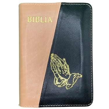 Biblia mica, coperta piele, culoare, crem cu negru, index, fermoar, margini aurii,  simbolul maini, cuv. lui Isus in rosu [047 PFI]