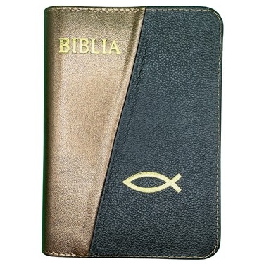 Biblia mica, coperta piele, culoare, maro sidefat cu maro închis, index, fermoar, margini aurii,  simbolul pește, cuv. lui Isus in rosu [047 PFI]