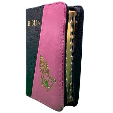 Biblia mica, coperta piele, culoare, negru cu roz, index, fermoar, margini aurii,  simbolul maini, cuv. lui Isus in rosu [047 PFI]